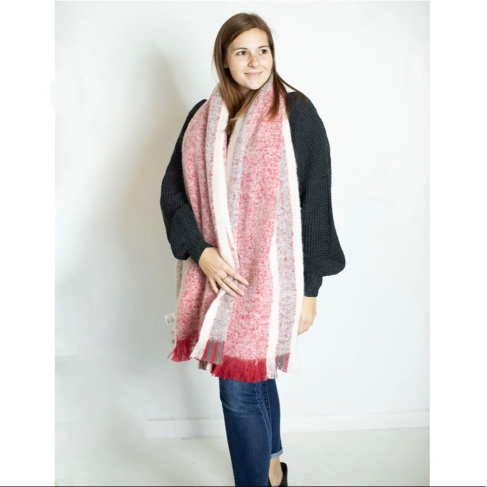 FREE PEOPLE BRUSHED RACER STRIPE BLANKET SCARF IN RED COMBO NWT Reg $58 - Picture 2 of 3